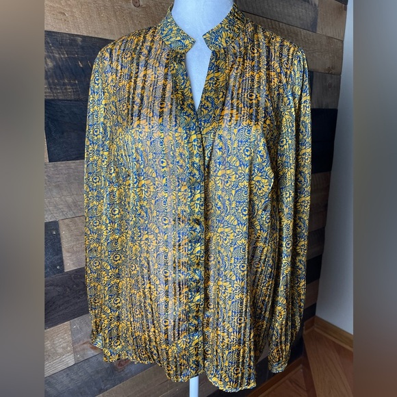 Melloday Orange Blue Metallic Floral Sheer Button Down Blouse Top, Size Large - Picture 1 of 12